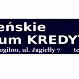 Logo Mogileńskiego Centrum KREDYTOWEGO z adresem Mogilno, ul. Jagiełły 7 i numerem telefonu 537 596 676 na białym tle.