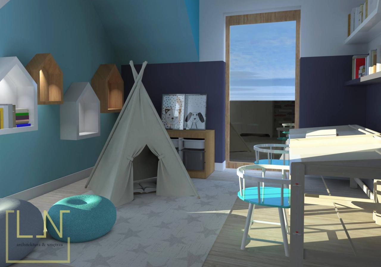 Wizualizacja pokoju dziecięcego z tipi, regałami w kształcie domków, turkusową pufą i biurkiem z krzesłami w jasnych kolorach.