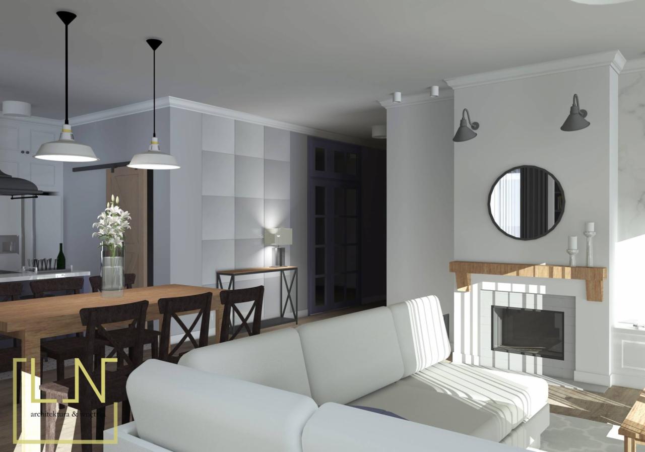 Wizualizacja wnętrza salonu z jadalnią, biała sofa, drewniany stół z krzesłami, kominek z okrągłym lustrem, ściana z panelami 3D, wiszące lampy nad stołem.