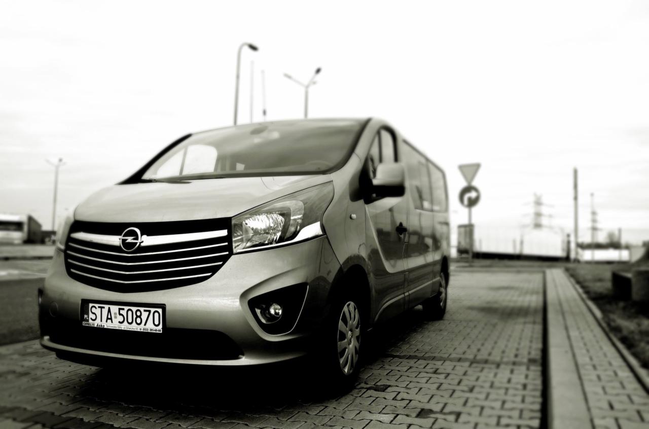 Szary Opel Vivaro z numerem rejestracyjnym STA-50870, zaparkowany na brukowanej nawierzchni w pochmurny dzień, z widocznymi słupami energetycznymi w tle.