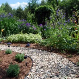 Kręta ścieżka z jasnych kamieni w ogrodzie, obrzeża z tworzywa, rabaty z korą, różnorodne rośliny kwitnące na fioletowo i żółto, małe lampki solarne wzdłuż ścieżki.