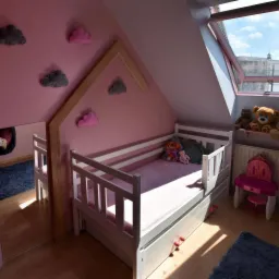 Pokój dziecięcy na poddaszu z białym łóżkiem, różowymi ścianami zdobionymi filcowymi chmurkami, drewnianą ramą w kształcie domku i toaletką dla dziewczynki, oświetlony światłem wpadającym przez...