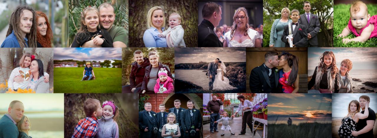 Kolaż zdjęć rodzinnych i ślubnych, prezentujący różnorodne ujęcia par, dzieci i grup, wykonane w plenerze i w pomieszczeniach, z różnym oświetleniem i stylizacjami.