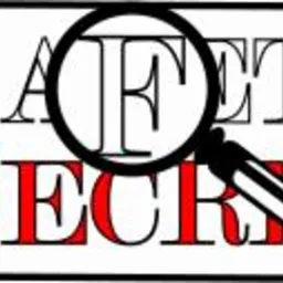 Stylizowany napis 'SAFETY SECRET' z symbolem paragrafu w kolorze czerwonym, powiększany przez lupę, na białym tle w czarnej ramce.