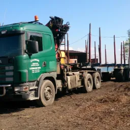 Zielona ciężarówka Scania z dźwigiem i przyczepą do transportu drewna na terenie składu, widoczne pnie drzew. Na kabinie logo firmy transportowej J.P.LORANG.