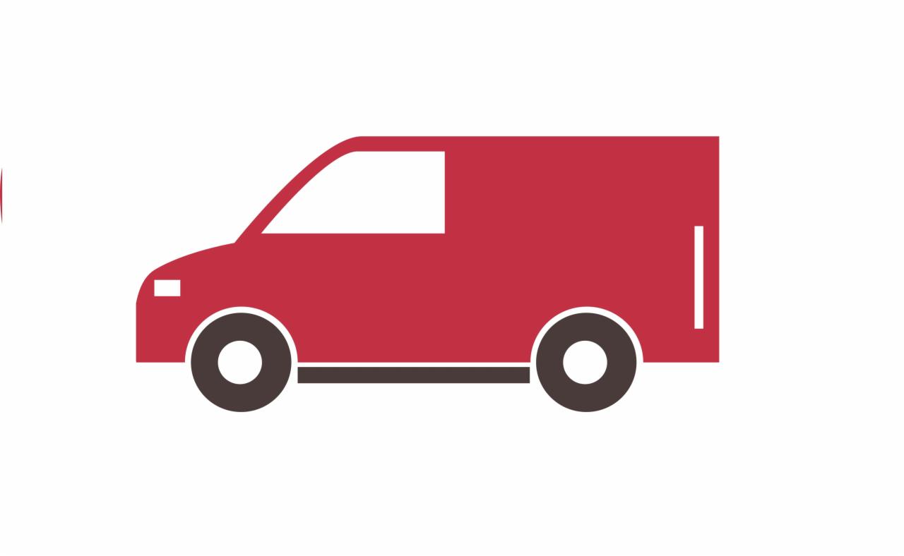 Prosty graficzny schemat czerwonego samochodu dostawczego na białym tle.