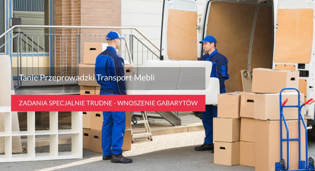 Dwóch pracowników w niebieskich kombinezonach przenosi białą sofę z otwartego furgonetki na tle kartonowych pudeł i wózka transportowego.