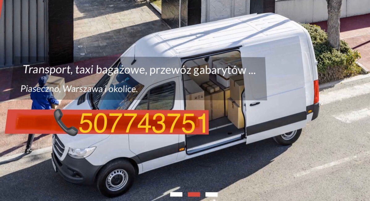 Biały bus z otwartymi drzwiami bocznymi, częściowo załadowany kartonami, na tle ulicy. Nałożony graficznie numer telefonu kontaktowego.