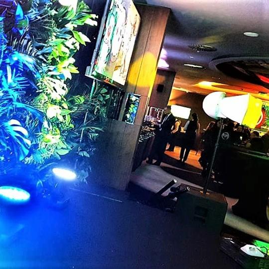 Scena eventowa z dekoracjami roślinnymi, oświetleniem punktowym i ekranem LCD. W tle widoczni ludzie.