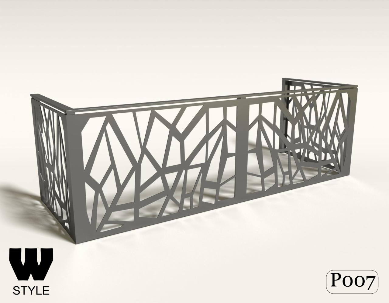 Szara, metalowa balustrada balkonowa z geometrycznym, ażurowym wzorem, widoczne logo 'W STYLE' i oznaczenie 'P007'.