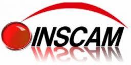 Logo firmy INSCAM z czerwonym okręgiem i łukiem nad nazwą, odbijające się w lustrzanym efekcie.