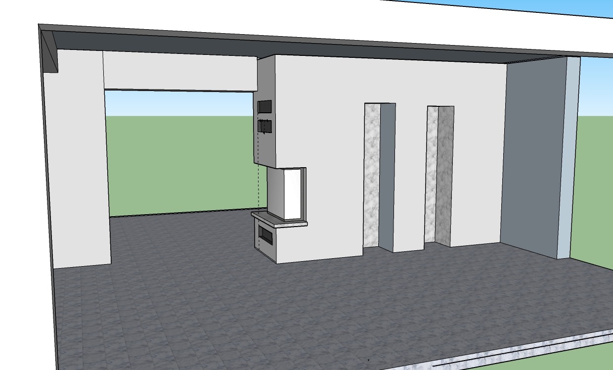 Wizualizacja 3D wnętrza z elementami instalacji grzewczej: wnęka na kominek z półką i kratkami wentylacyjnymi, pionowe panele dekoracyjne imitujące marmur, szara podłoga w płytkach.