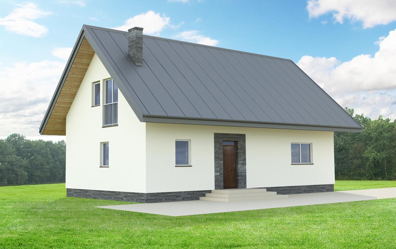 Nowoczesny dom jednorodzinny z szarą blachą na dachu, białymi ścianami i kamienną okładziną u podstawy, prezentowany na tle zielonego trawnika i błękitnego nieba z chmurami.