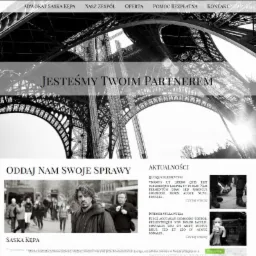 Strona internetowa kancelarii prawnej z widokiem na Wieżę Eiffla w czerni i bieli, hasłem 'Jesteśmy Twoim Partnerem' oraz zdjęciem mężczyzny w tłumie na dole strony.
