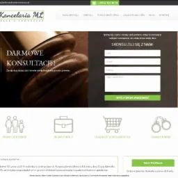 Strona internetowa kancelarii adwokackiej z ofertą darmowych konsultacji, formularzem kontaktowym i ikonami kategorii prawa.