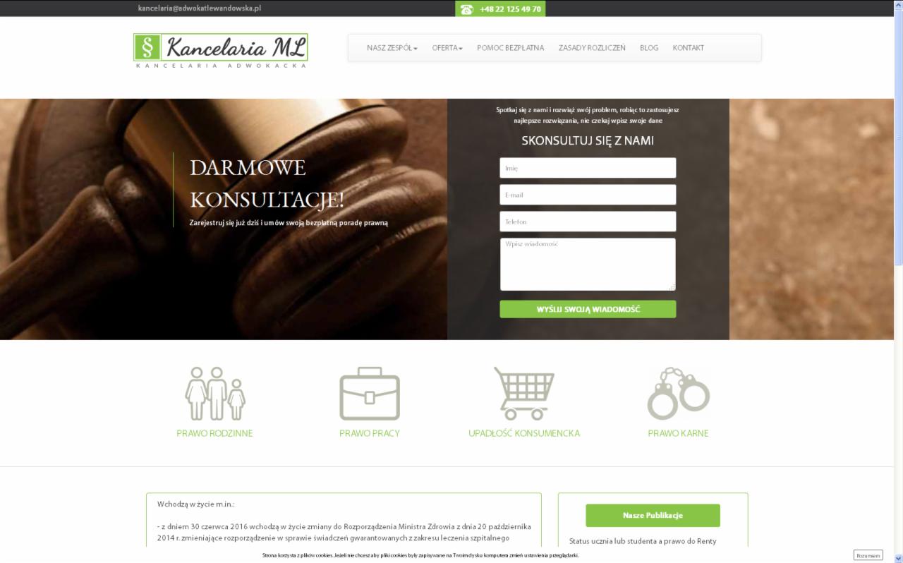 Strona internetowa kancelarii adwokackiej z ofertą darmowych konsultacji, formularzem kontaktowym i ikonami kategorii prawa.