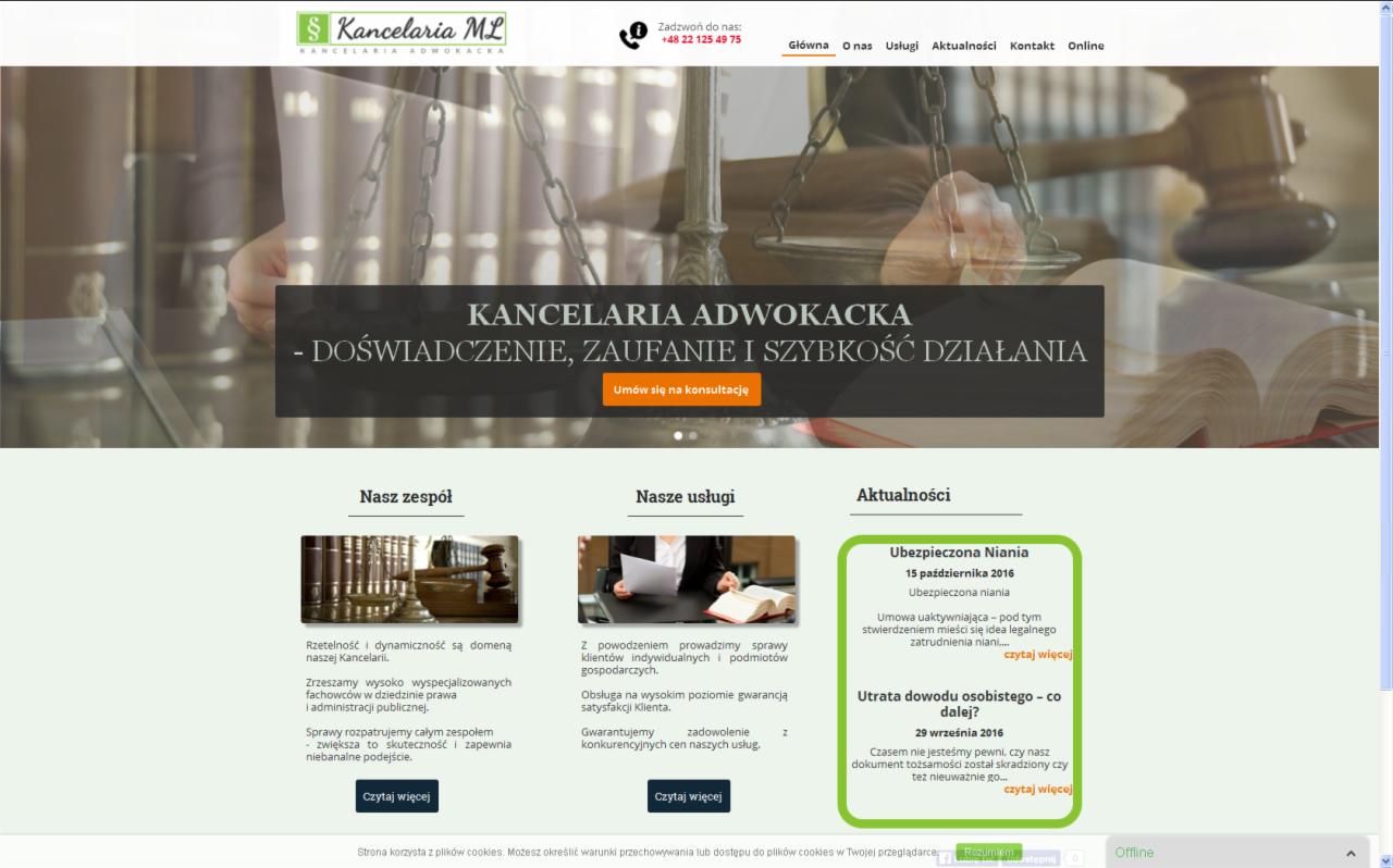 Strona internetowa kancelarii adwokackiej z nagłówkiem prezentującym wagę, łańcuchy i książki w tle, sekcjami 'Nasz zespół', 'Nasze usługi' i 'Aktualności'.