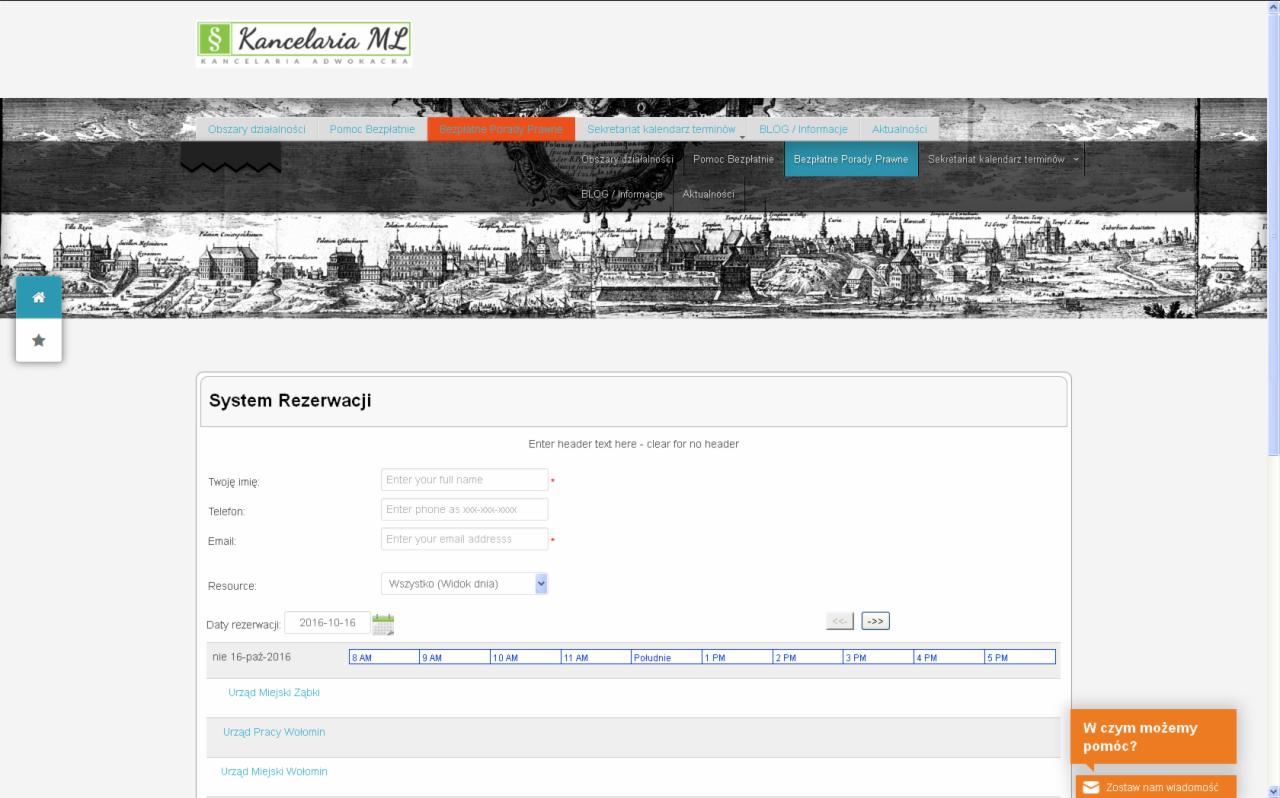 Strona internetowa kancelarii prawnej z systemem rezerwacji wizyt online, widoczne pola do wpisania imienia, numeru telefonu, emaila oraz wyboru daty i godziny spotkania.