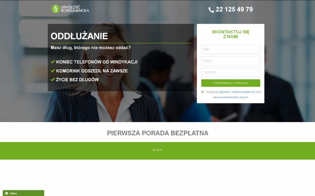 Strona internetowa firmy oferującej pomoc w oddłużaniu, z formularzem kontaktowym i hasłami o braku windykacji i komornika.