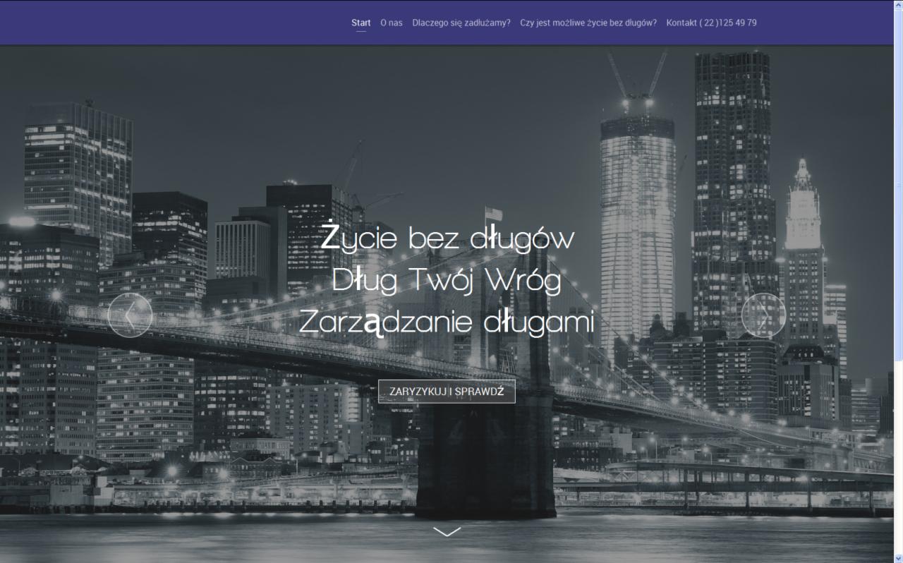 Strona internetowa z tekstem 'Życie bez długów, Dług Twój Wróg, Zarządzanie długami' na tle nocnego pejzażu miejskiego z mostem i drapaczami chmur.
