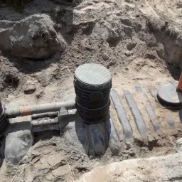 Montaż podziemnego zbiornika na szambo z pokrywami włazów, widoczne rury kanalizacyjne i wykop ziemny.