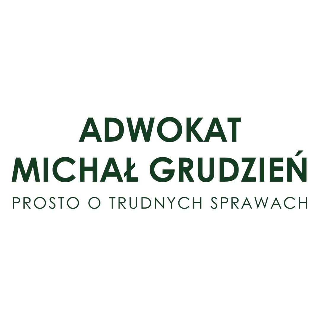 Logo adwokata Michała Grudzień z hasłem 'Prosto o trudnych sprawach' w kolorze ciemnej zieleni na białym tle.