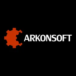 Logo firmy Arkonsoft: pomarańczowe koło zębate po lewej, biały napis 'ARKONSOFT' po prawej, na czarnym tle.