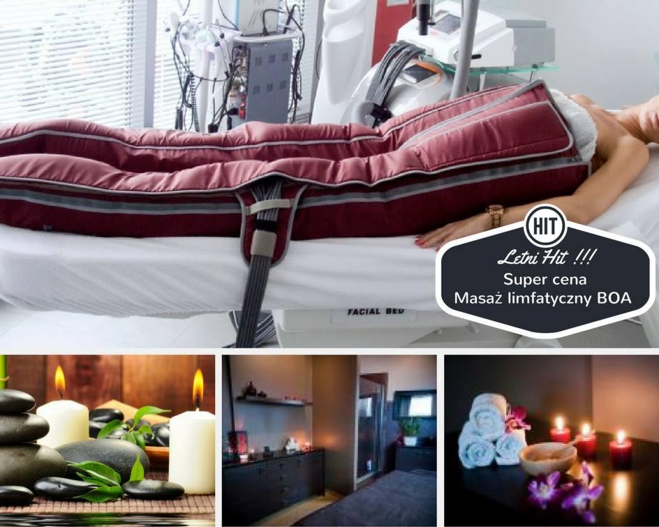 Kobieta poddawana masażowi limfatycznemu BOA w salonie kosmetycznym, widoczne urządzenie do masażu, mankiety uciskowe na nogach i fragment grafiki reklamowej z napisem 'Letni Hit!!! Super cena...