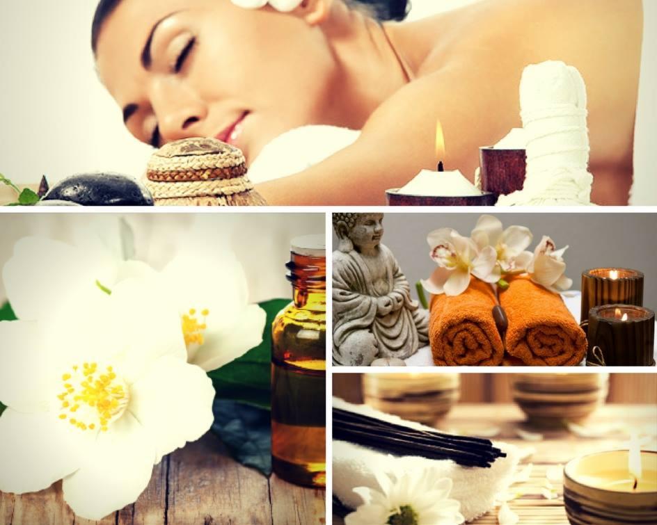 Kobieta relaksuje się podczas zabiegu, obok kamienie do masażu, świece, ręczniki, olejek aromaterapeutyczny i figurka Buddy w tle.