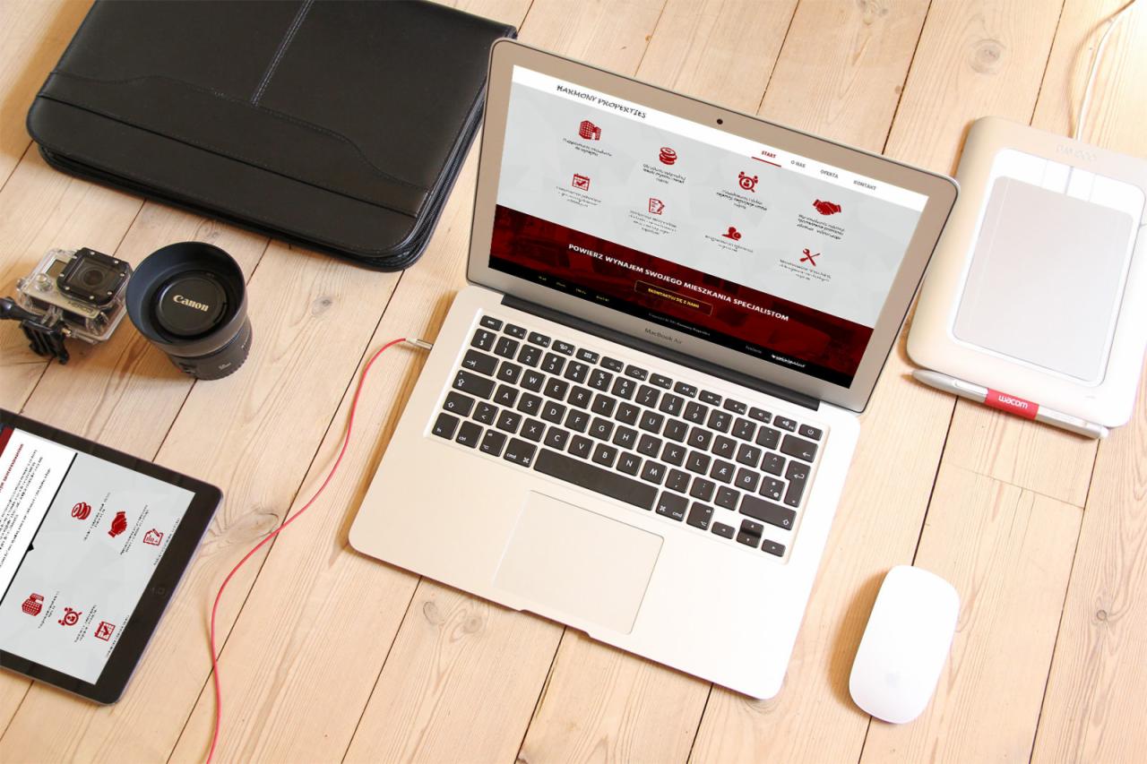Laptop Macbook Air z otwartą stroną internetową Harmony Properties, tablet graficzny Wacom, myszka Apple, tablet, kamera GoPro, obiektyw Canon i czarna skórzana teczka na drewnianym blacie.