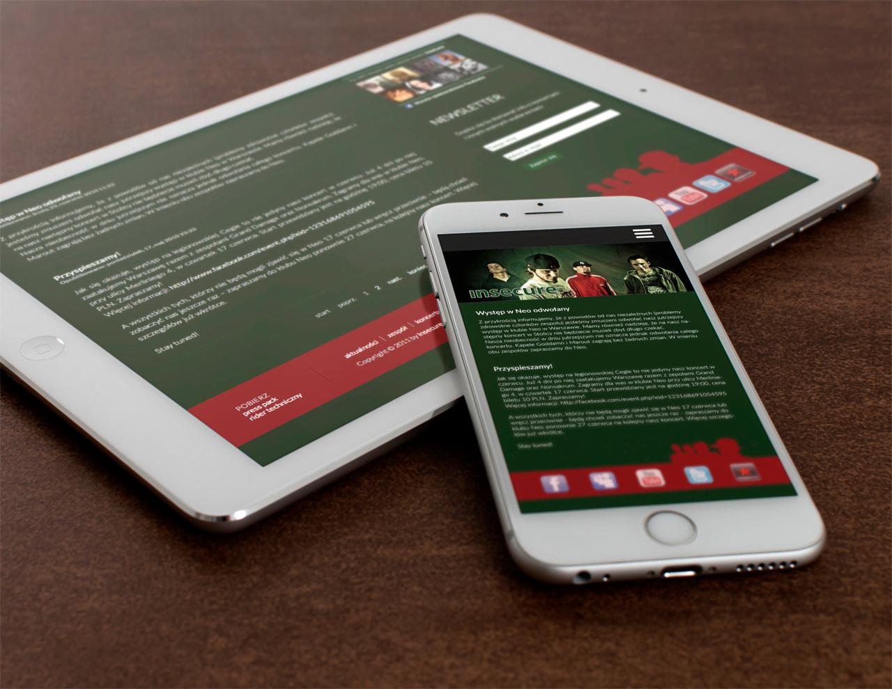 Prezentacja strony internetowej zespołu muzycznego na smartfonie i tablecie, z widocznymi detalami dotyczącymi koncertu i aktualności.