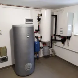 Szara i biała instalacja grzewcza w kotłowni, widoczne zbiorniki, rury i piec LG Therma V, na ścianie skrzynka elektryczna, na podłodze płytki.