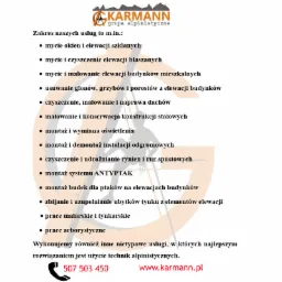 Grafika z listą usług firmy alpinistycznej Karman: mycie okien i elewacji szklanych, czyszczenie elewacji blaszanych, malowanie elewacji budynków, usuwanie glonów, grzybów, naprawa dachów...