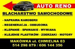 Żółto-czarny baner reklamowy firmy Auto Reno oferującej blacharstwo samochodowe, naprawę karoserii, regenerację, klejenie plastików i usługi spawalnicze z numerami kontaktowymi i adresem w Makówce.