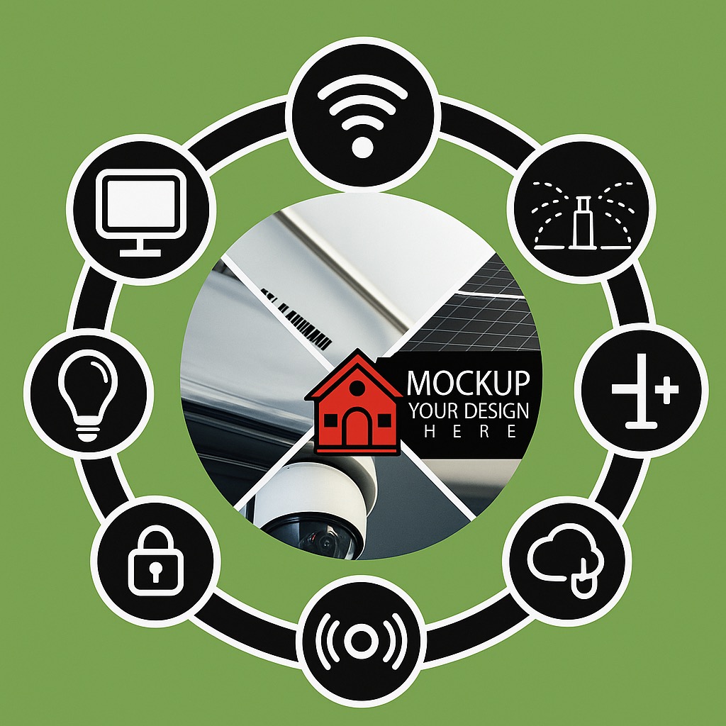 Grafika z ikonami: Wi-Fi, monitor, żarówka, kłódka, czujnik, chmura, plus, zraszacz. W centrum kamera monitoringu i dom z napisem 'Mockup Your Design Here'.