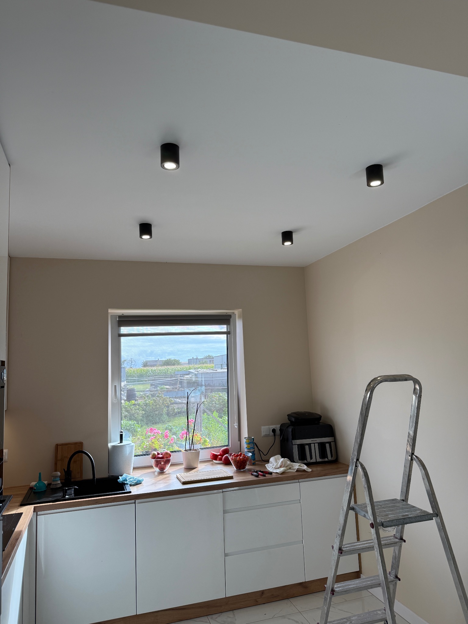 Kuchnia z czterema punktowymi lampami sufitowymi; drabina oparta o ścianę, okno z widokiem na ogród. Minimalistyczny design.