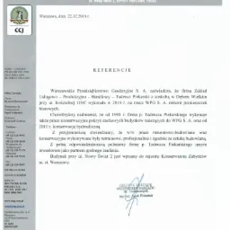 Skan dokumentu referencyjnego Warszawskiego Przedsiębiorstwa Geodezyjnego S.A. z datą 22.12.2016, potwierdzającego wykonanie remontu pomieszczeń biurowych oraz prac konserwacyjnych pokryć dachowych...