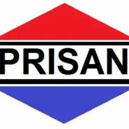 Logo firmy PRISAN w kształcie sześciokąta z czerwoną górną i niebieską dolną częścią, czarne poziome linie oddzielające kolory, czarny napis PRISAN na białym tle.