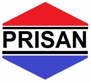 Logo firmy PRISAN w kształcie sześciokąta z czerwoną górną i niebieską dolną częścią, czarne poziome linie oddzielające kolory, czarny napis PRISAN na białym tle.