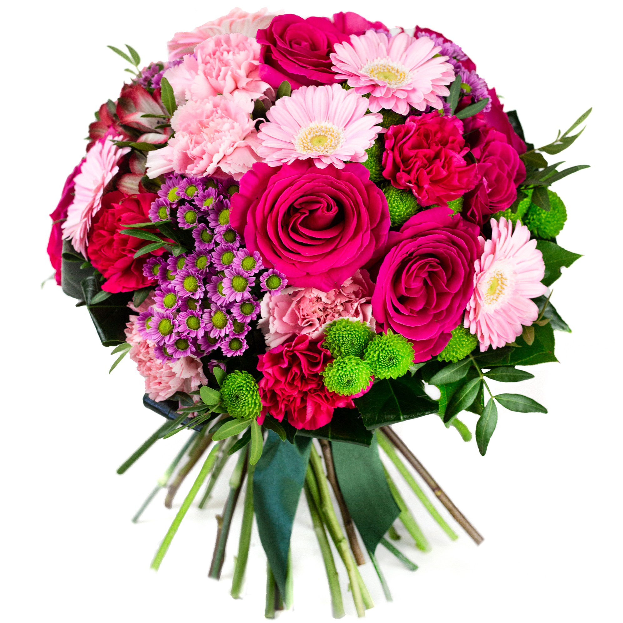 Różowo-fioletowy bukiet z róż, gerber i goździków, związany zieloną wstążką, na białym tle. Intensywne barwy kwiatów.