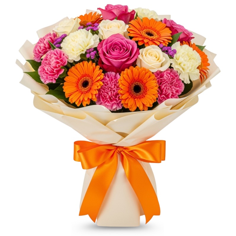 Barwny bukiet z róż, gerber i goździków, owinięty kremowym papierem i przewiązany pomarańczową wstążką, na białym tle. Idealny prezent na każdą okazję.
