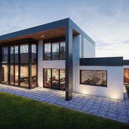 ARCHITEKT JERZY SEROKA - Dwukondygnacyjny dom z płaskim dachem i dużymi oknami, oświetlony od dołu, otoczony trawnikiem i kamienną ścieżką. Widok z zewnątrz, szaro-biała elewacja.