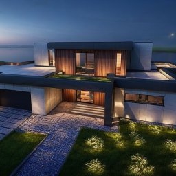 ARCHITEKT JERZY SEROKA - Nowoczesna rezydencja z płaskim dachem oświetlona nocą, z widokiem na jezioro w tle. Minimalistyczna bryła, drewniane wykończenia, oświetlony podjazd z kostki.