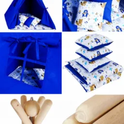 Zestaw do pokoju dziecięcego: niebieski tipi z okienkiem, poduszki i mata z motywem zwierzęcym, drewniane elementy konstrukcyjne.