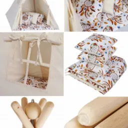 Zestaw do tipi dziecięcego: beżowy namiot z oknem, materac, poduszki z motywem łapaczy snów oraz drewniane elementy konstrukcyjne.