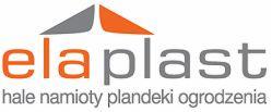 Logo firmy Elaplast z szarym i pomarańczowym dachem symbolizującym dom, pod spodem napis 'hale namioty plandeki ogrodzenia'.