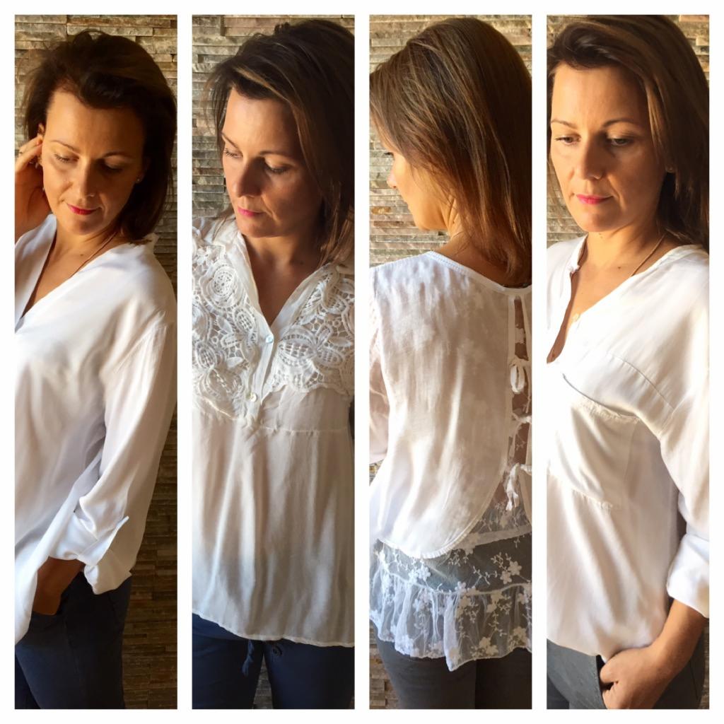 Kolaż czterech ujęć kobiety prezentującej różne białe bluzki: z dekoltem V, z koronkowymi wstawkami, z koronkowym wykończeniem na plecach i luźniejszą z kieszenią.