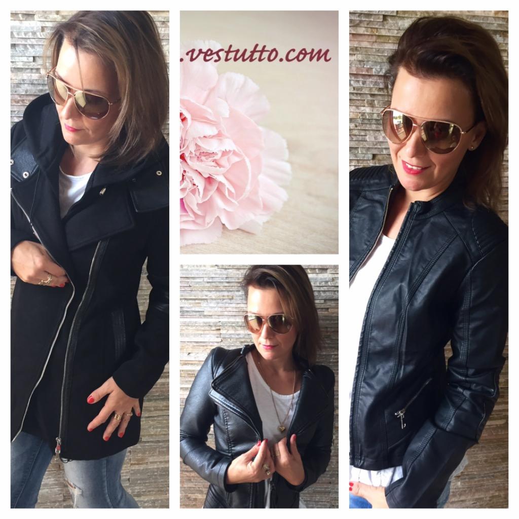 Kolaż zdjęć kobiety w okularach przeciwsłonecznych, prezentującej czarną kurtkę z asymetrycznym zamkiem i skórzane kurtki na tle ściany z kamienia dekoracyjnego, z logotypem .vestutto.com i różowym...