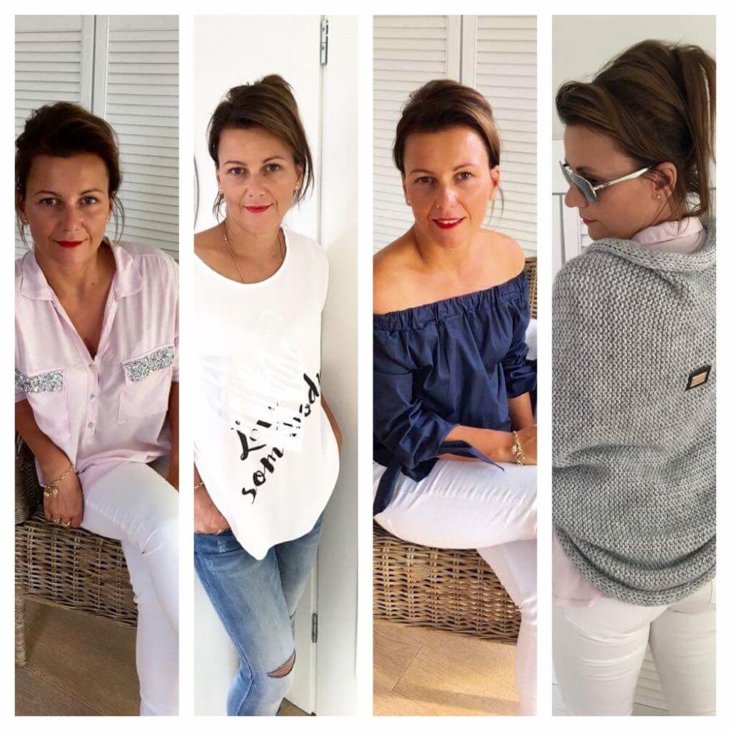 Kolaż czterech stylizacji: różowa koszula z cekinami, biała bluzka z nadrukiem, granatowa bluzka hiszpanka i szary kardigan z metalicznymi okularami przeciwsłonecznymi.