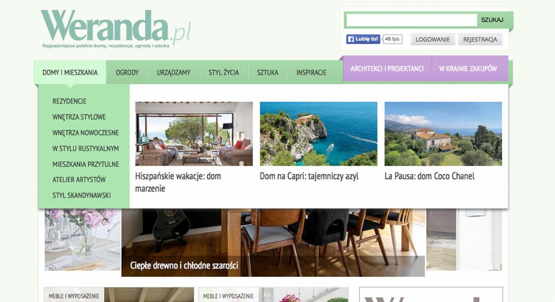 Zrzut ekranu strony internetowej Weranda.pl z nagłówkiem, menu nawigacyjnym i miniaturami artykułów o domach, ogrodach i wnętrzach.